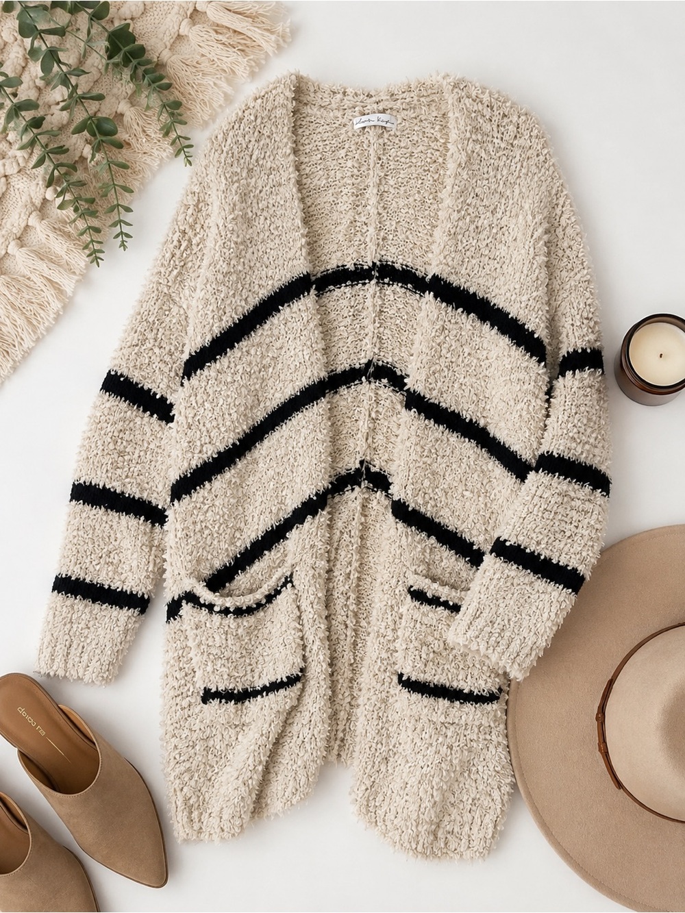 London Kaye Popcorn Knit Cardigan Sweater Women’s Large Cream Black Striped
